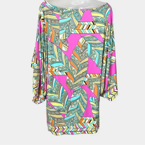 TRINA TURK Tuvalu Tunic Swim Cover Kaftan Dress Size Large Pink Multi Tropical - Picture 5 of 7